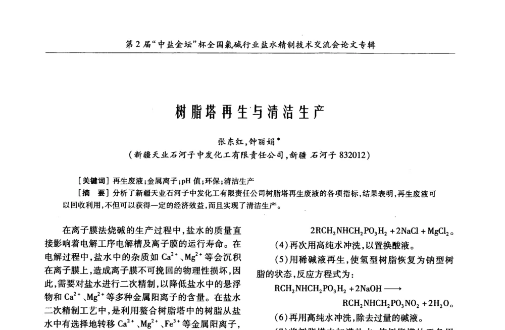树脂塔再生与清洁生产 - 第2届“中盐金坛”杯全国氯碱行业盐水精制技术交流会