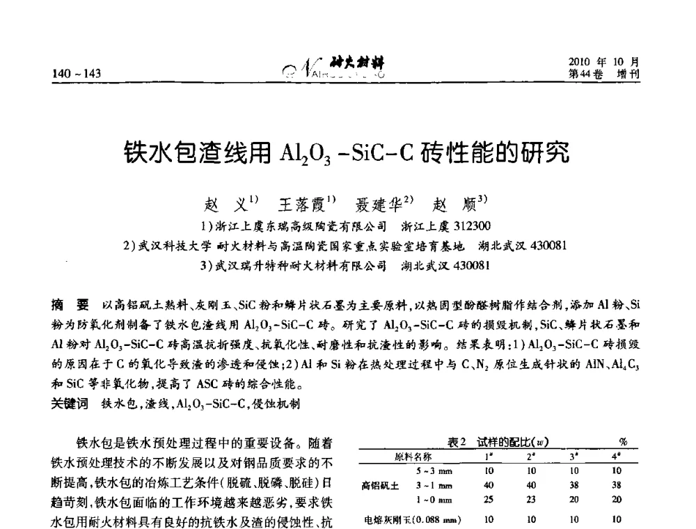 铁水包渣线用Al2O3-SiC-C砖性能的研究 - 第十二届全国耐火材料青年学术报告会