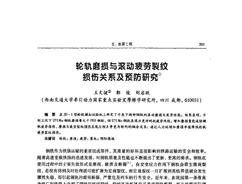 轮轨磨损与滚动疲劳裂纹损伤关系及预防研究 - 2009全国青年摩擦学学术会议