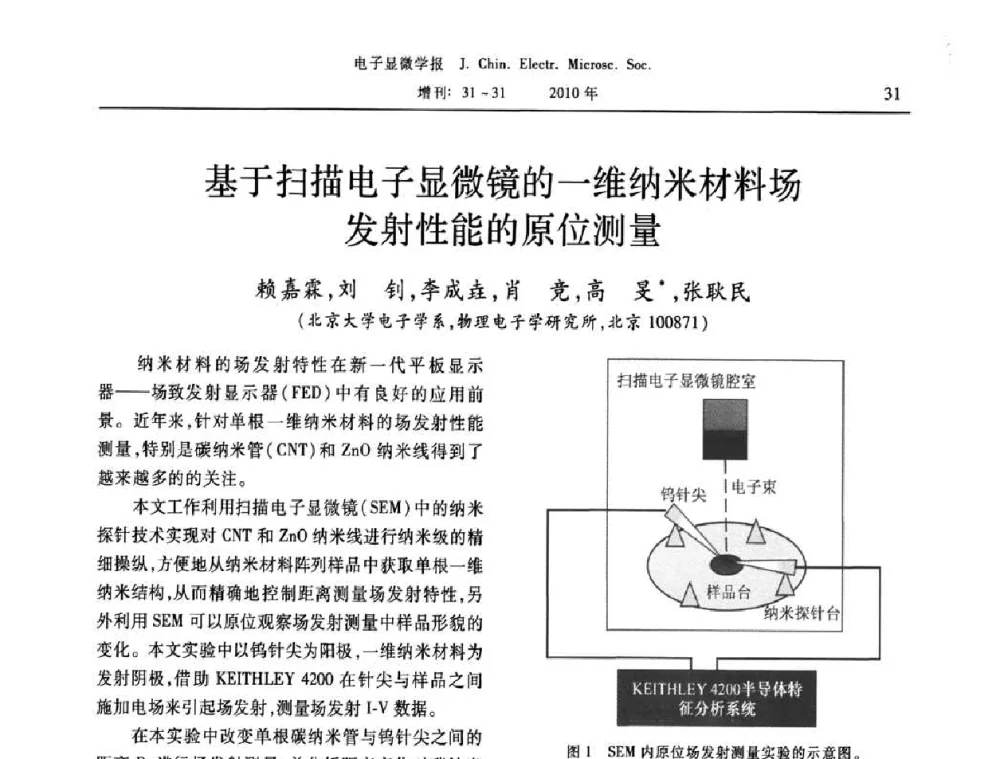 基于扫描电子显微镜的一维纳米材料场发射性能的原位测量 - 2010年全国电子显微学会议暨第八届海峡两岸电子显微学研讨会