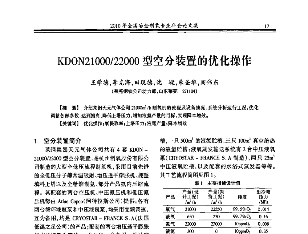 KDON21000_22000型空分装置的优化操作 - 2010年全国冶金制氧专业年会