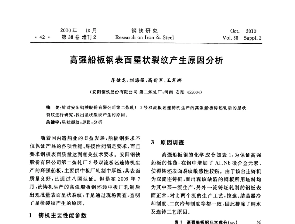 高强船板钢表面星状裂纹产生原因分析 - 2010年中南·泛珠三角炼钢连铸学术交流会
