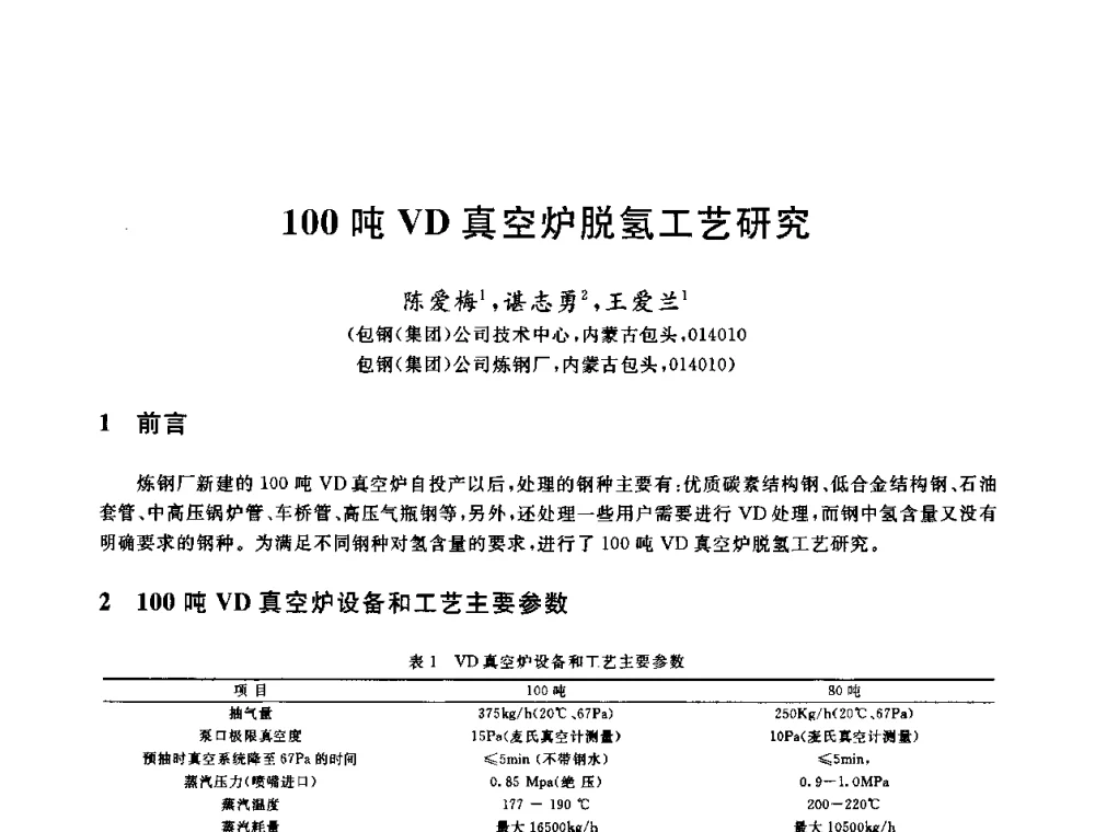 100吨VD真空炉脱氢工艺研究 - 2009全国炉外精炼生产技术交流研讨会