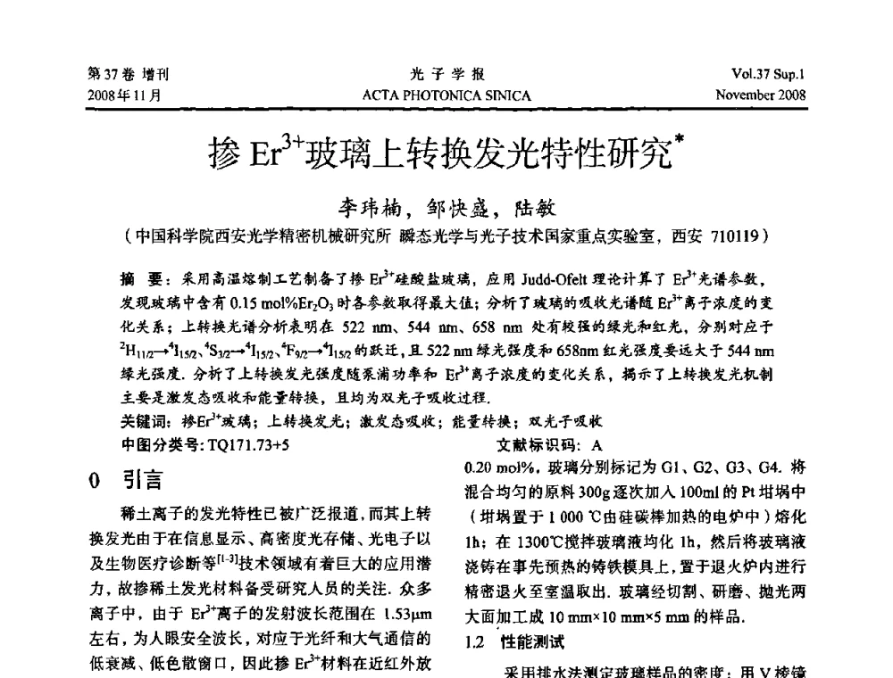 掺Er3+玻璃上转换发光特性研究 - 中国硅酸盐学会特种玻璃分会第四届全国特种玻璃会议