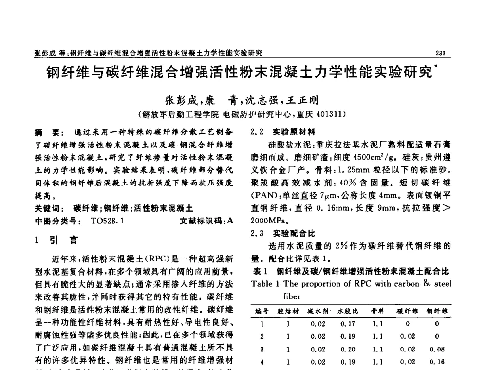 钢纤维与碳纤维混合增强活性粉末混凝土力学性能实验研究 - 第七届中国功能材料及其应用学术会议