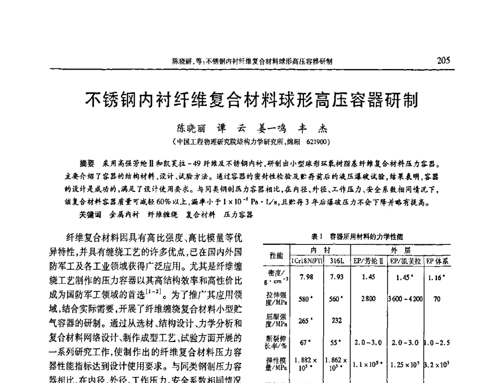 不锈钢内衬纤维复合材料球形高压容器研制 - 2009年中国工程塑料复合材料技术研讨会