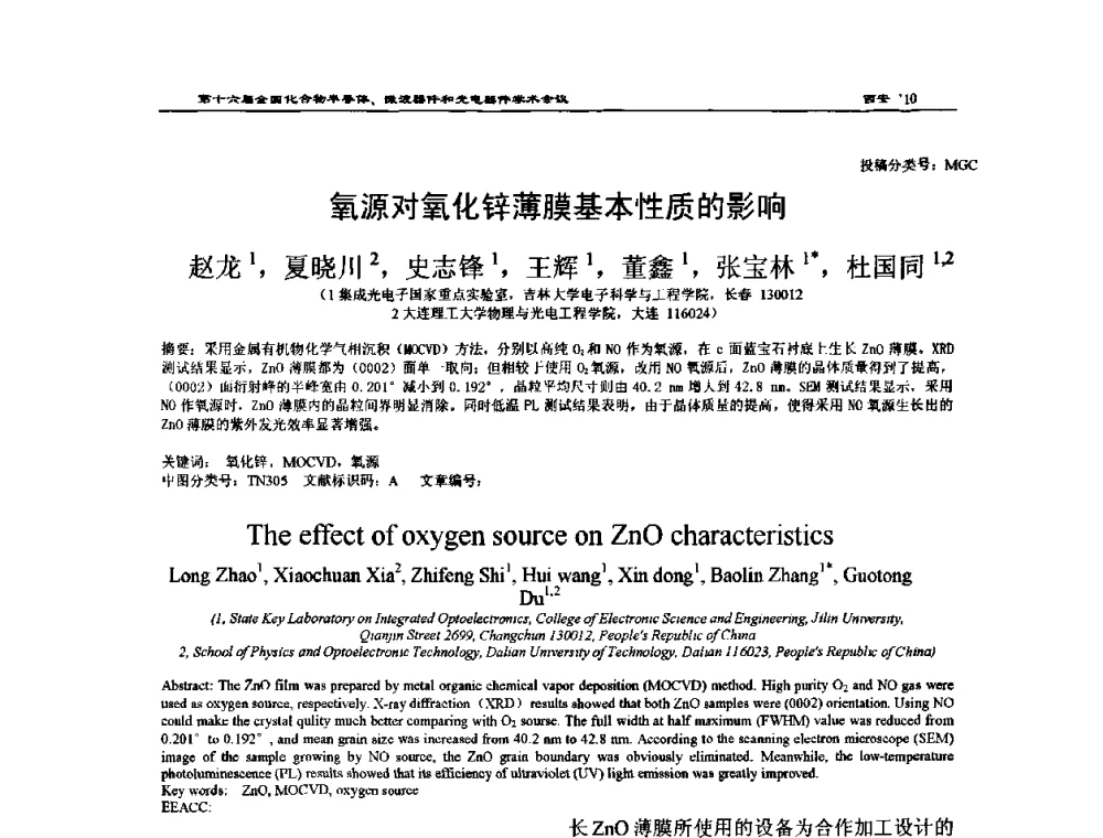 氧源对氧化锌薄膜基本性质的影响 - 第十六届全国化合物半导体材料、微波器件和光电器件学术会议