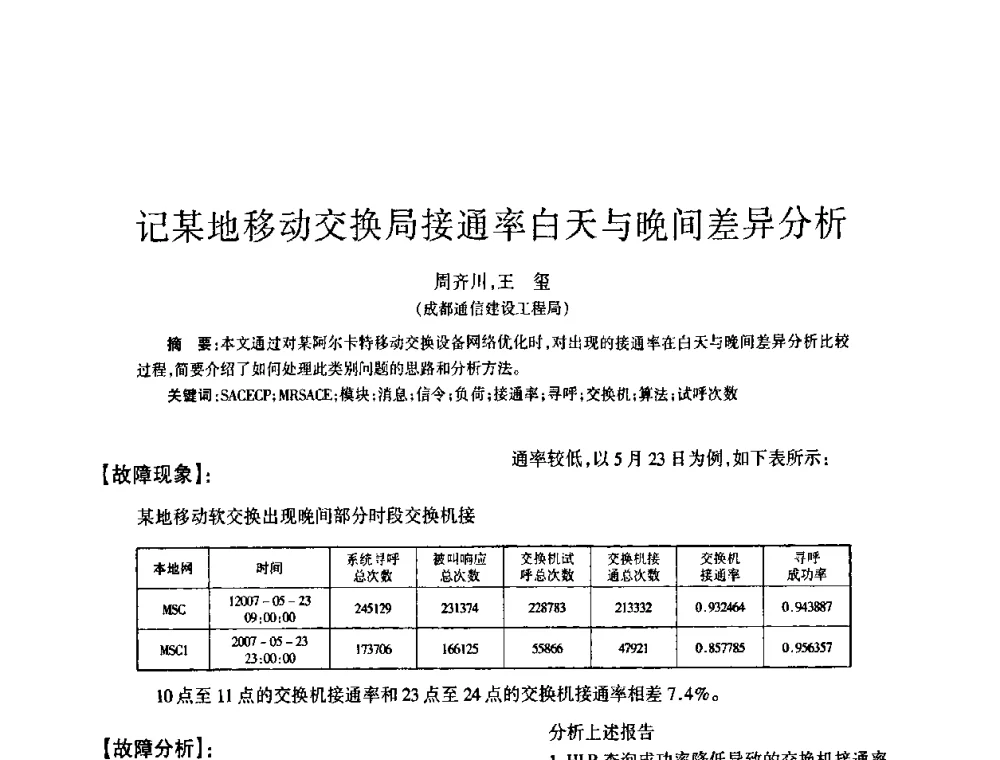 记某地移动交换局接通率白天与晚间差异分析 - 四川省通信学会2008年学术年会