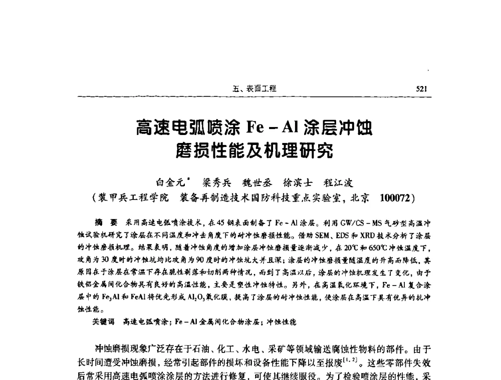 高速电弧喷涂Fe-Al涂层冲蚀磨损性能及机理研究 - 2009全国青年摩擦学学术会议