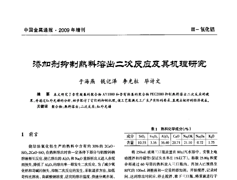 添加剂抑制熟料溶出二次反应及其机理研究 - 全国铝工业新技术推广暨节能减排经验交流会