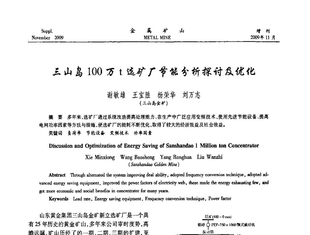 三山岛100万t选矿厂节能分析探讨及优化 - 2009年金属矿产资源高效选冶加工利用和节能减排技术及设备学术研讨会