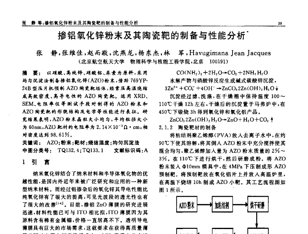 掺铝氧化锌粉末及其陶瓷靶的制备与性能分析 - 第七届中国功能材料及其应用学术会议
