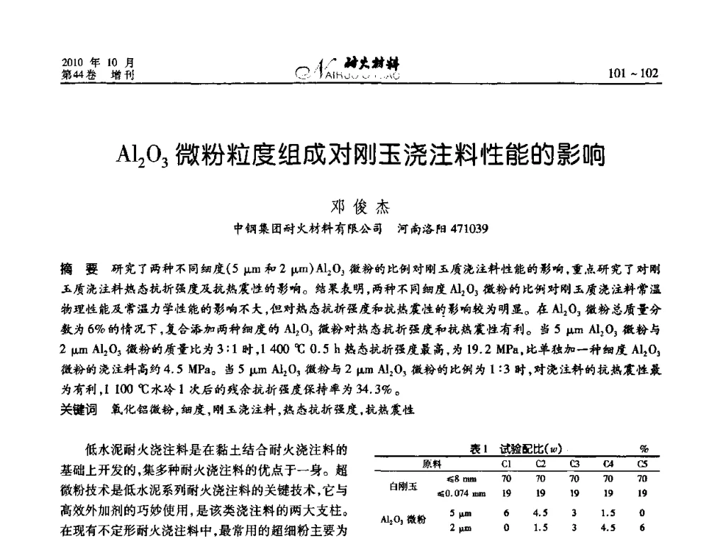 Al2O3微粉粒度组成对刚玉浇注料性能的影响 - 第十二届全国耐火材料青年学术报告会