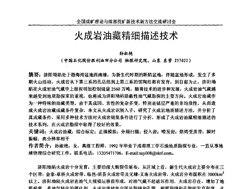 火成岩油藏精细描述技术 - 全国成矿理论与深部找矿新技术新方法交流研讨会
