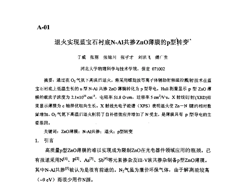 退火实现蓝宝石衬底N-Al共掺ZnO薄膜的p转变 - 第11届全国固体薄膜会议