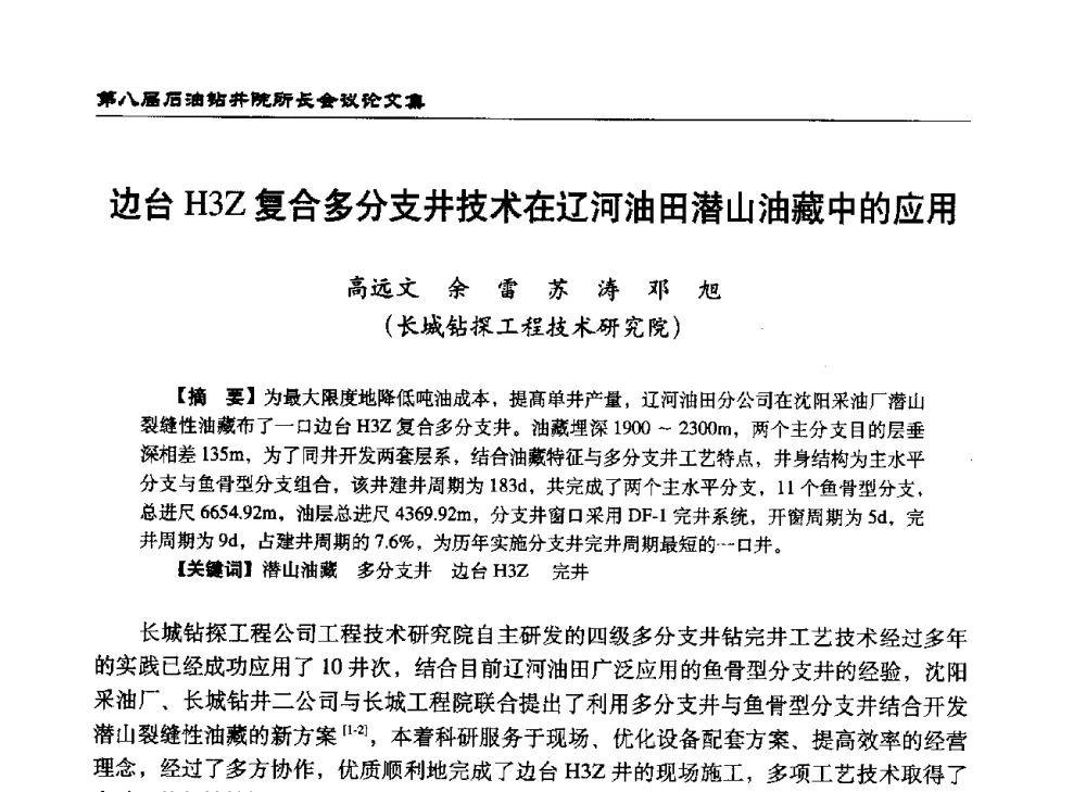 边台H3Z复合多分支井技术在辽河油田潜山油藏中的应用 - 第八届石油钻井院所长会议