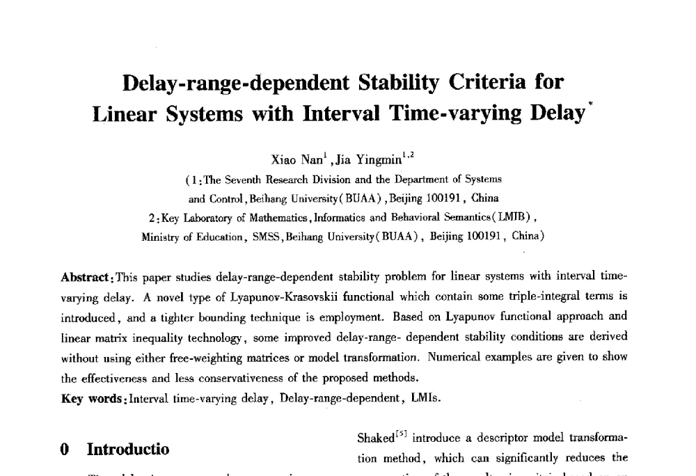 Delay-range-dependent Stability Criteria for Linear Systems with Interval Time-varying Delay - 2010第六届全国多智能体系统与控制学术年会
