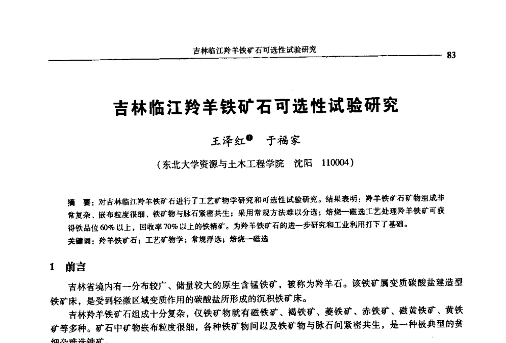 吉林临江羚羊铁矿石可选性试验研究 - 2009年全国选矿学术会议