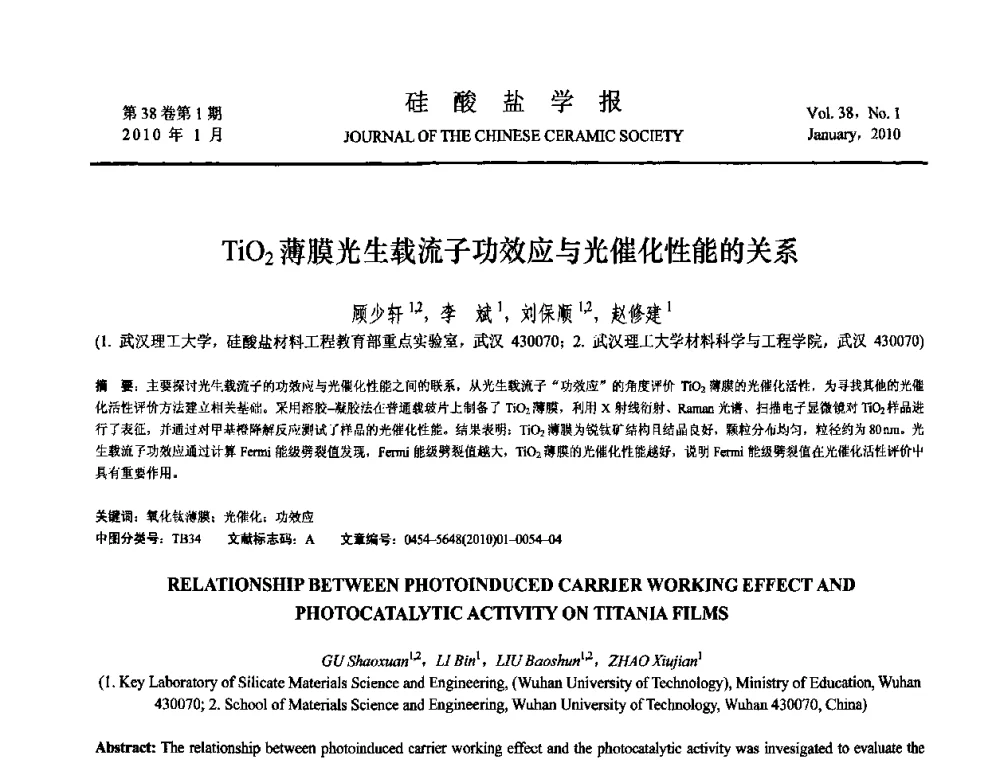 TiO_2薄膜光生载流子功效应与光催化性能的关系 - 全国功能陶瓷薄膜和涂层材料研讨会