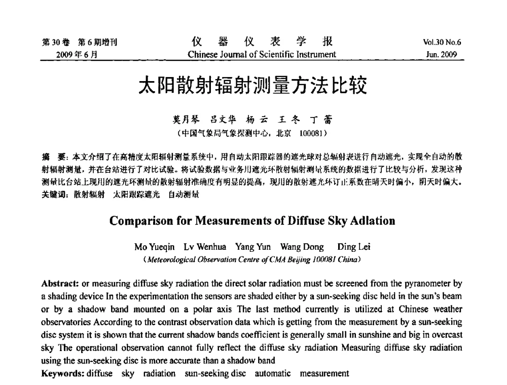 太阳散射辐射测量方法比较 - 2009中国仪器仪表与测控技术大会