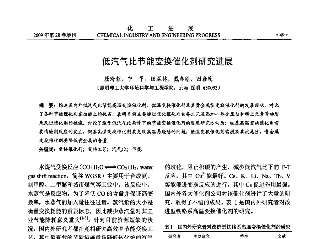 低汽气比节能变换催化剂研究进展 - 中国化工学会2009年年会暨第三届全国石油和化工行业节能节水减排技术论坛