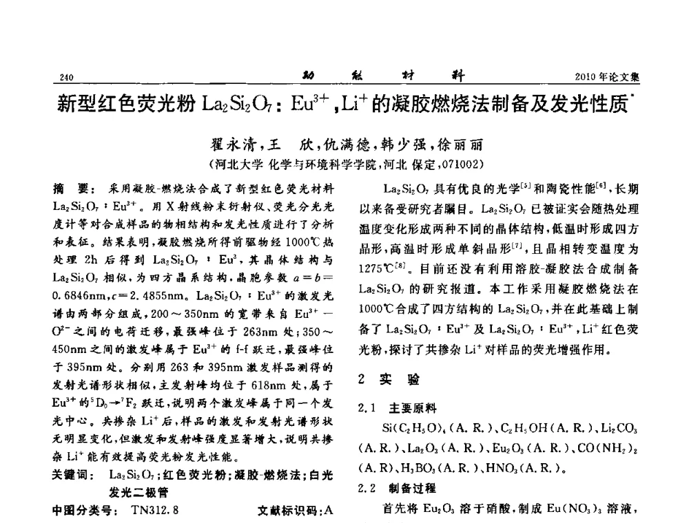 新型红色荧光粉La2 Si2 O7_Eu3+_Li+的凝胶燃烧法制备及发光性质 - 第七届中国功能材料及其应用学术会议