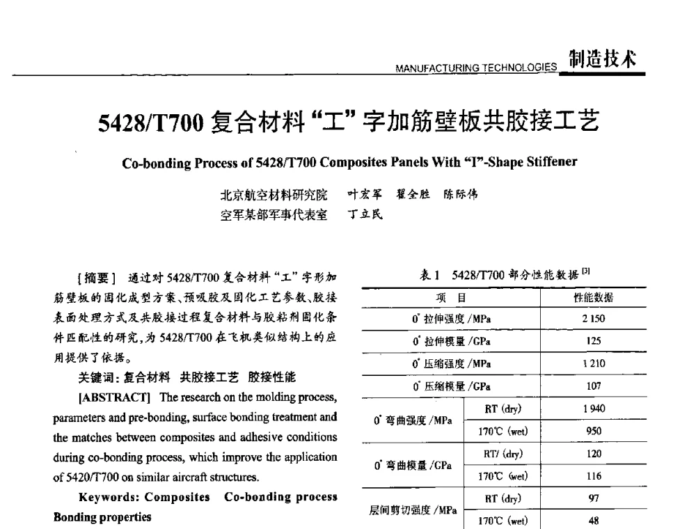 5428_T700复合材料工字加筋壁板共胶接工艺 - 高性能复合材料结构制造与检测技术暨第五届全国复合材料性能测试与检测技术交流会