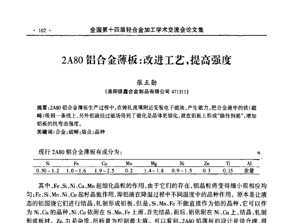 2A80铝合金薄板_改进工艺_提高强度 - 全国第十四届轻合金加工学术交流会