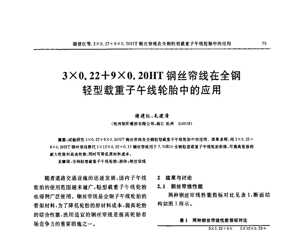 30.22+90.20HT钢丝帘线在全钢轻型载重子午线轮胎中的应用 - 第五届全国橡胶工业用织物和骨架材料技术研讨会