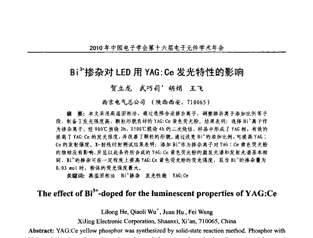 Bi3+掺杂对LED用YAG_Ce发光特性的影响 - 中国电子学会第十六届电子元件学术年会