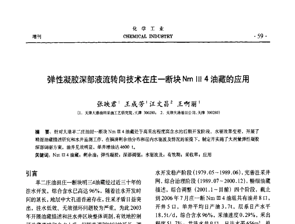 弹性凝胶深部液流转向技术在庄一断块NmⅢ4油藏的应用 - 第六届中国油田钻井化学品开发应用研讨会
