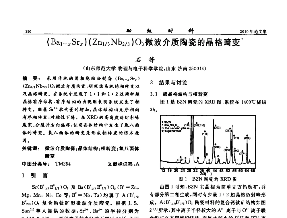 (Ba1-xSrx)(Zn1_3 Nb2_3)O3微波介质陶瓷的晶格畸变 - 第七届中国功能材料及其应用学术会议