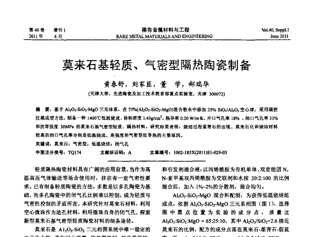莫来石基轻质、气密型隔热陶瓷制备 - 第十六届全国高技术陶瓷学术年会暨景德镇高技术陶瓷高层论坛