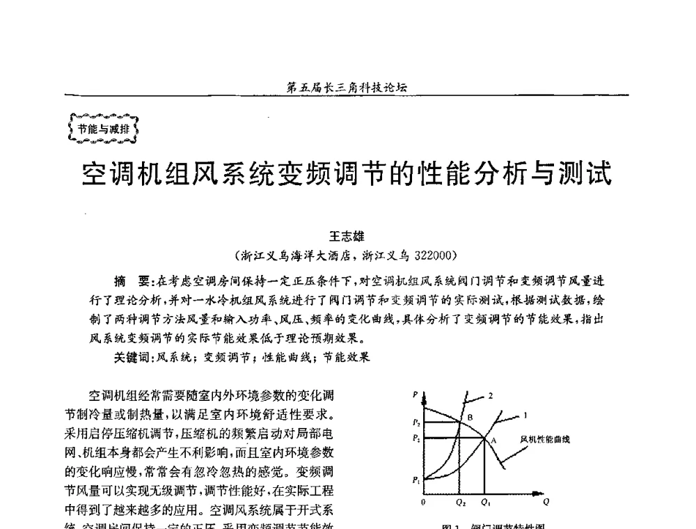 空调机组风系统变频调节的性能分析与测试 - 第78场工程科技论坛暨第五届长三角科技论坛——能源安全与可持续发展