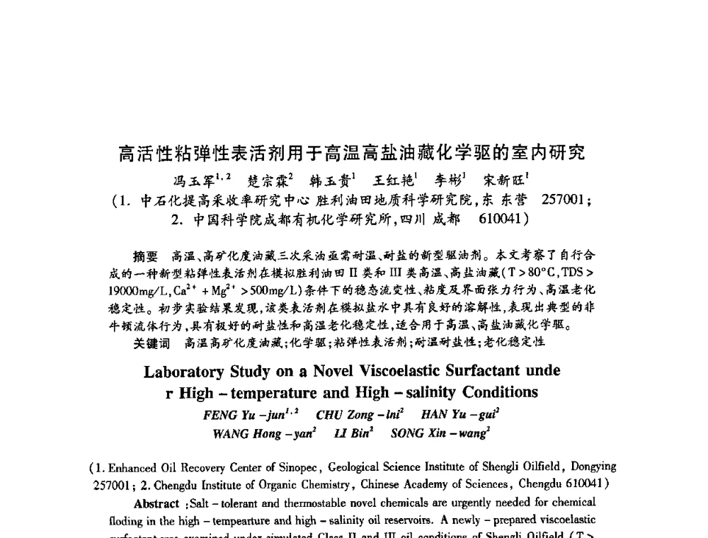 高活性粘弹性表活剂用于高温高盐油藏化学驱的室内研究 - 2009中国油田化学品发展研讨会(第23次全国工业表面活性剂发展研讨会)