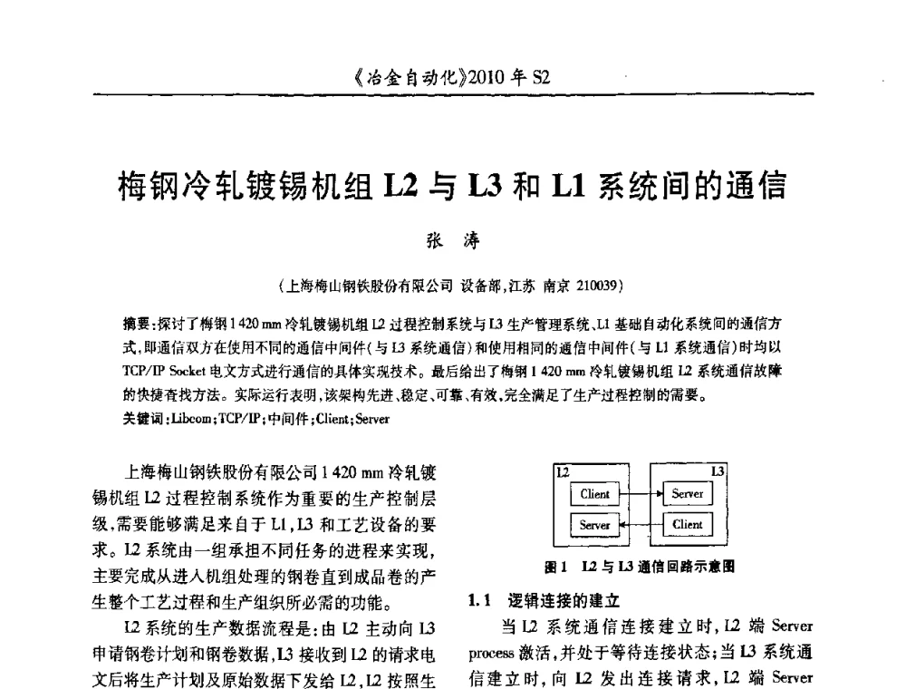 梅钢冷轧镀锡机组L2与L3和L1系统间的通信 - 中国计量协会冶金分会2010年会暨全国第十五届自动化应用学术交流会