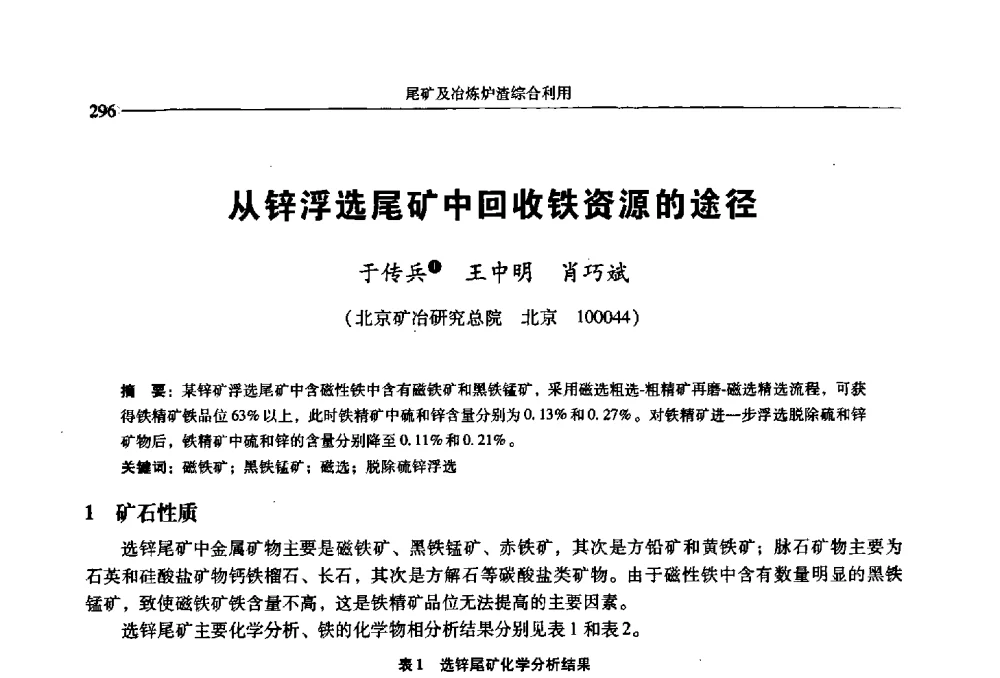 从锌浮选尾矿中回收铁资源的途径 - 2009年全国选矿学术会议