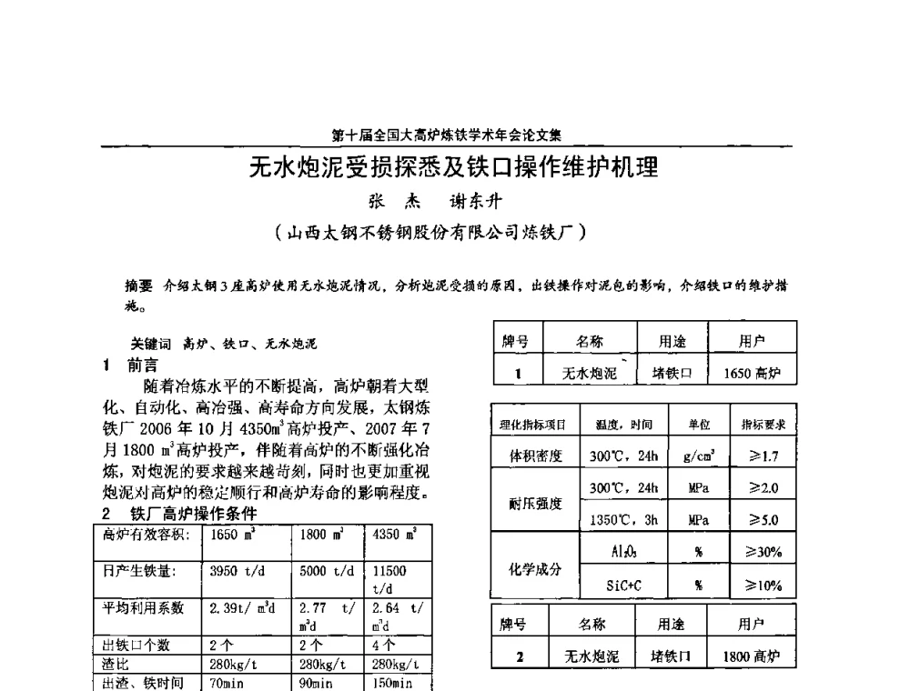 无水炮泥受损探悉及铁口操作维护机理 - 第10届全国大高炉炼铁学术年会