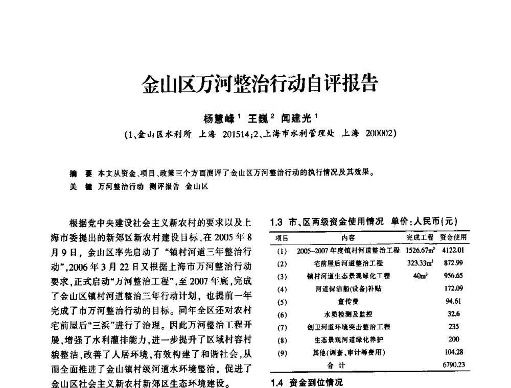 金山区万河整治行动自评报告 - 上海市水利学会2009年学术年会