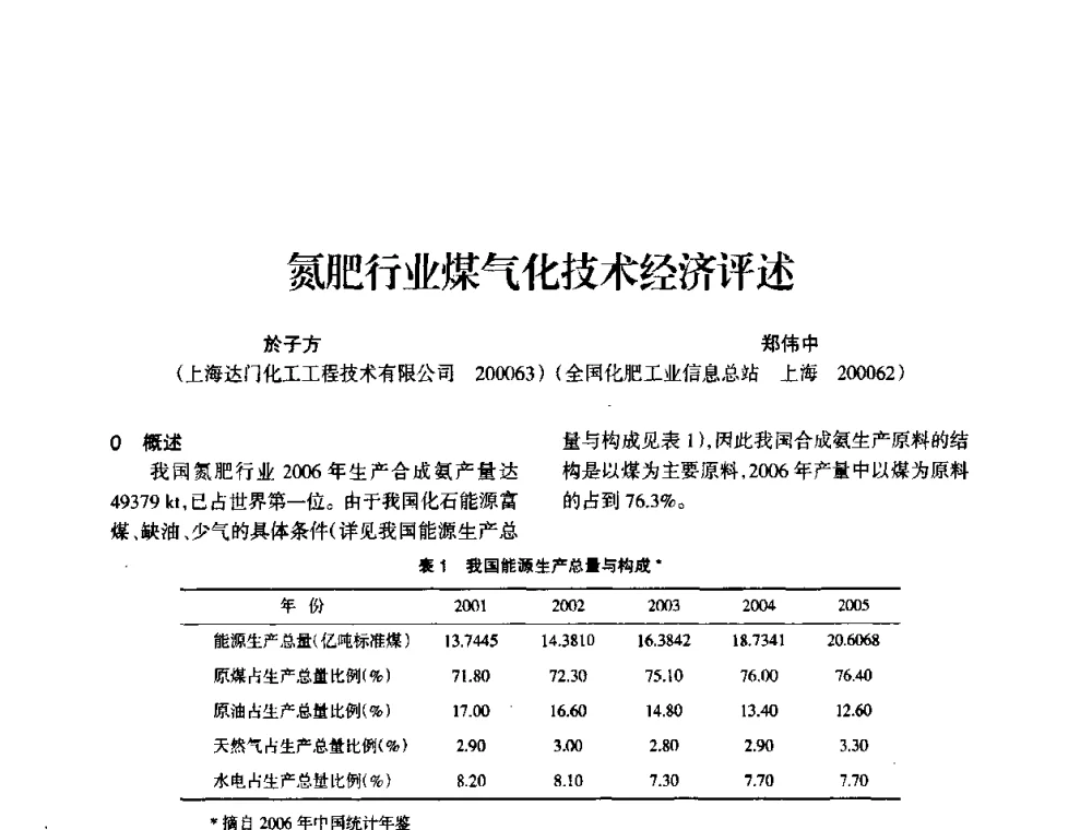 氮肥行业煤气化技术经济评述 - 全国化工合成氨设计技术中心站2010年技术交流会