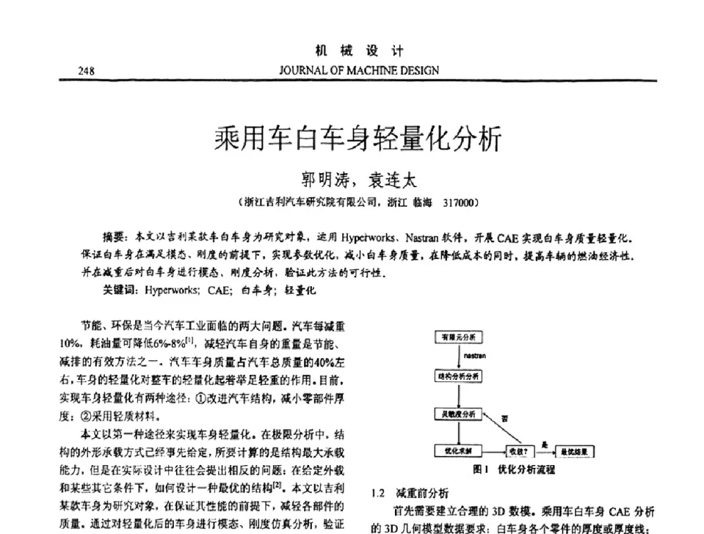 乘用车白车身轻量化分析 - 第15届全国机械设计年会