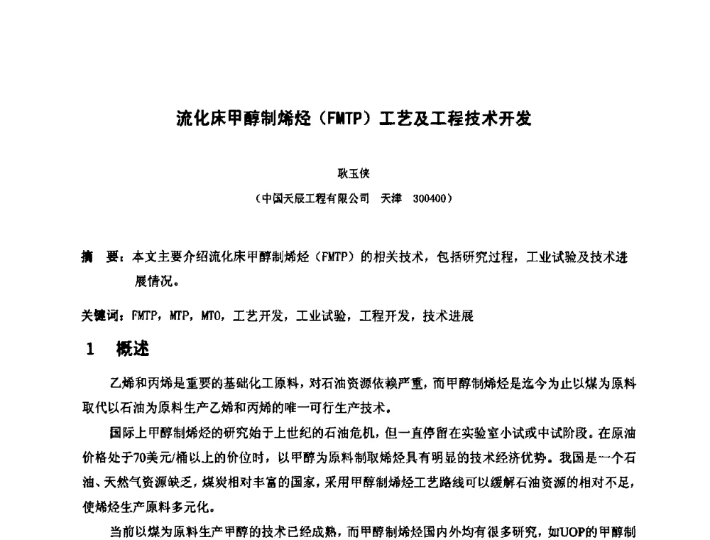 流化床甲醇制烯烃(FMTP)工艺及工程技术开发 - 2010中国国际煤化工发展论坛