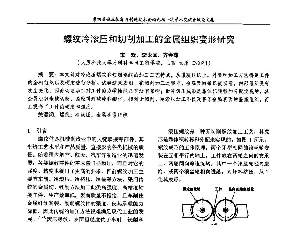 螺纹冷滚压和切削加工的金属组织变形研究 - 第四届锻压装备与制造技术论坛暨锻压设备委员会九届一次学术交流研讨会