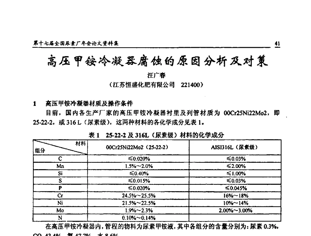 高压甲铵冷凝器腐蚀的原因分析及对策 - 第十七届全国尿素厂年会