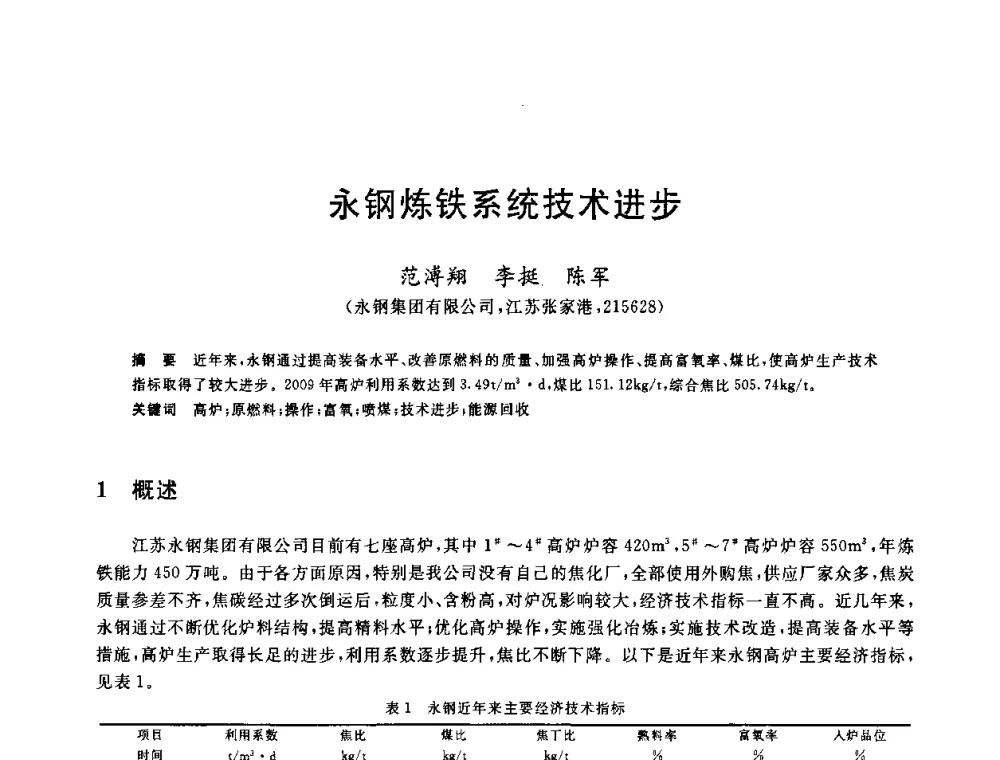 永钢炼铁系统技术进步 - 2010年全国炼铁生产技术会议暨炼铁年会