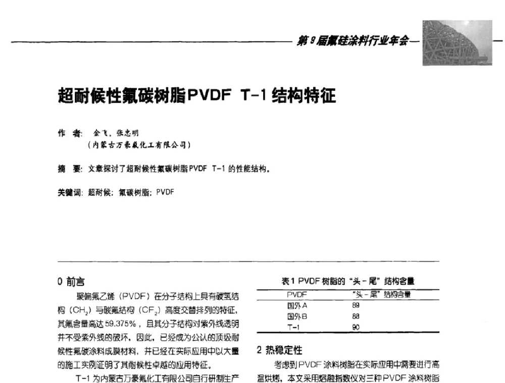 超耐候性氟碳树脂PVDF T-1结构特征 - 第9届氟硅涂料行业年会