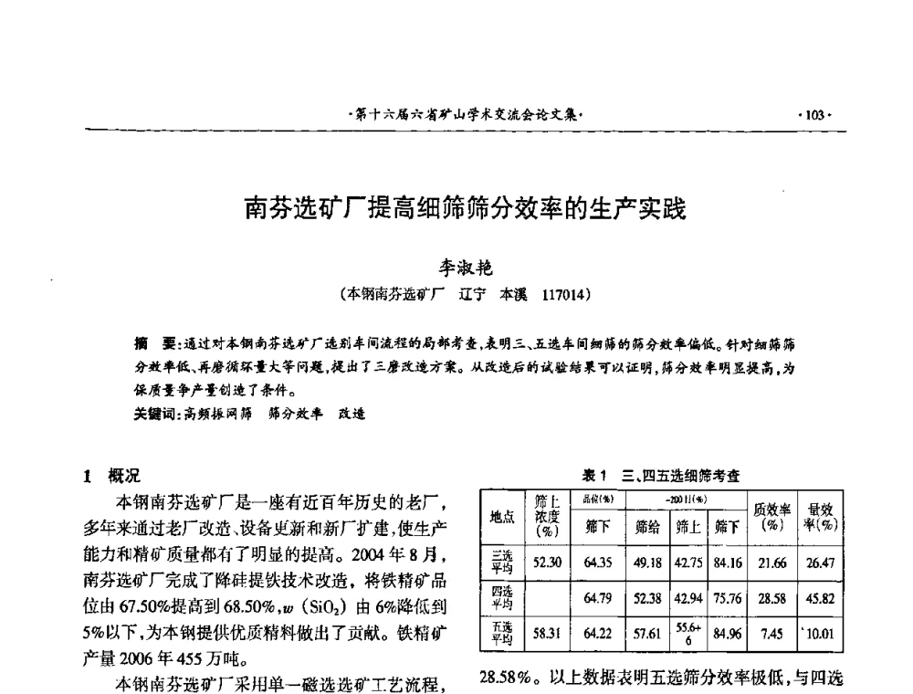 南芬选矿厂提高细筛筛分效率的生产实践 - 第十六届六省矿山学术交流会