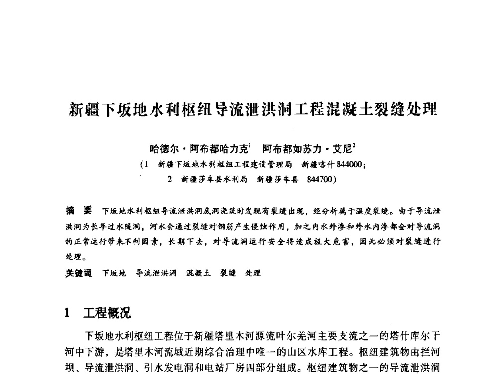 新疆下坂地水利枢纽导流泄洪洞工程混凝土裂缝处理 - 第12次全国化学灌浆学术交流会