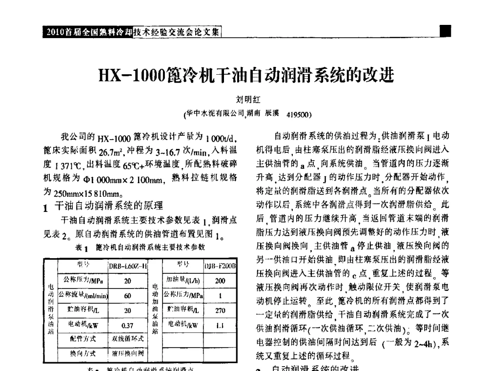 HX-1000篦冷机干油自动润滑系统的改进 - 2010首届全国熟料冷却技术经验交流会