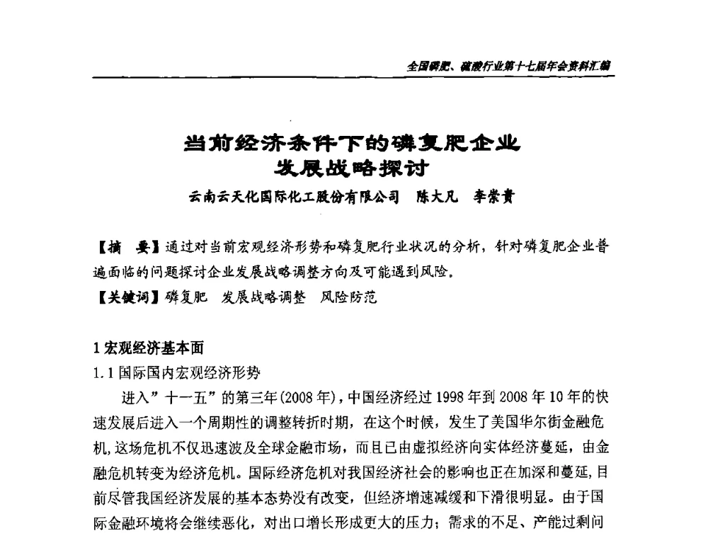 当前经济条件下的磷复肥企业发展战略探讨 - 全国磷肥、硫酸行业第十七届年会